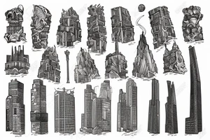 5 high-rise buildings, of different heights, stand on a mountain of skulls, from which blood flows, tattoo idea