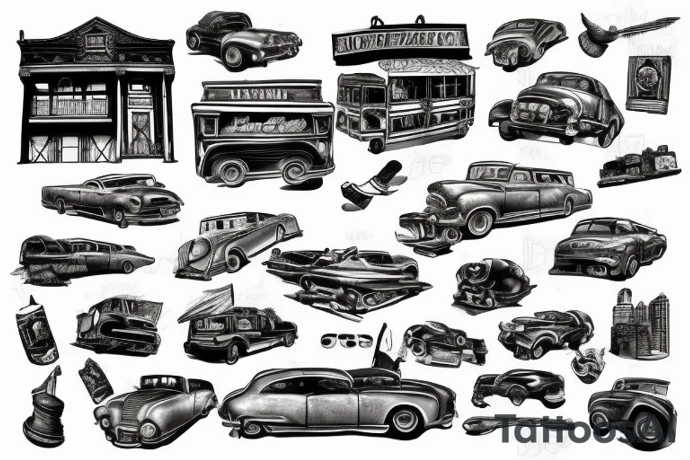 An old city with old cars tattoo idea