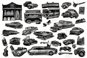 An old city with old cars tattoo idea