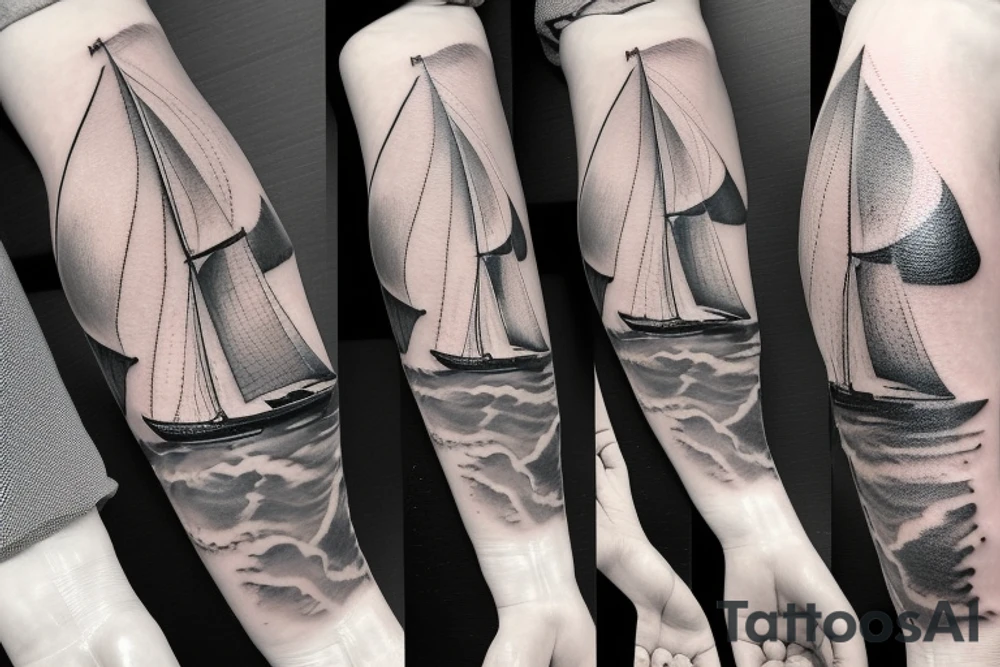 A realistic full arm tattoo of an old ship sailing in a storm tattoo idea