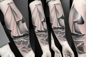 A realistic full arm tattoo of an old ship sailing in a storm tattoo idea