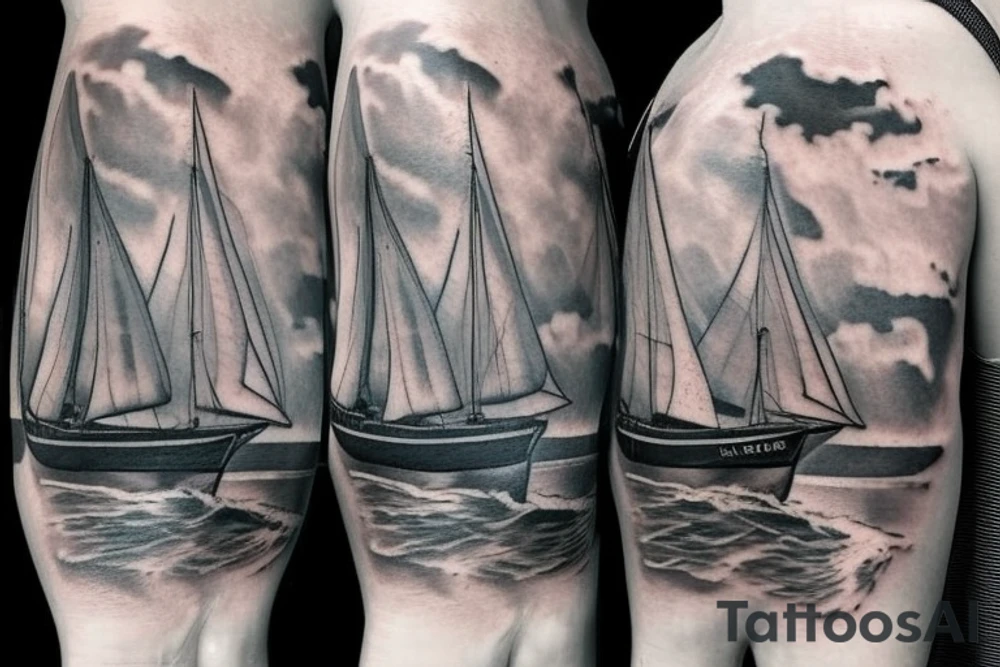 A realistic full arm tattoo of an old ship sailing in a storm tattoo idea