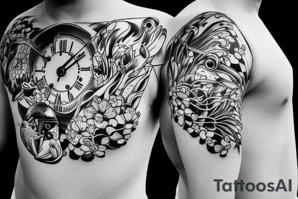 Surfing starts under water fish surfer clock flower tattoo idea Surfing starts under water fish surfer clock flower tattoo idea