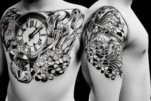 Surfing starts under water fish surfer clock flower tattoo idea