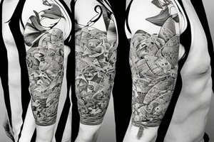 Surfing starts under water fish surfer clock flower tattoo idea