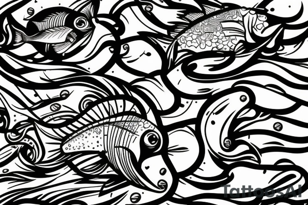 Surfing starts under water fish surfer clock flower tattoo idea