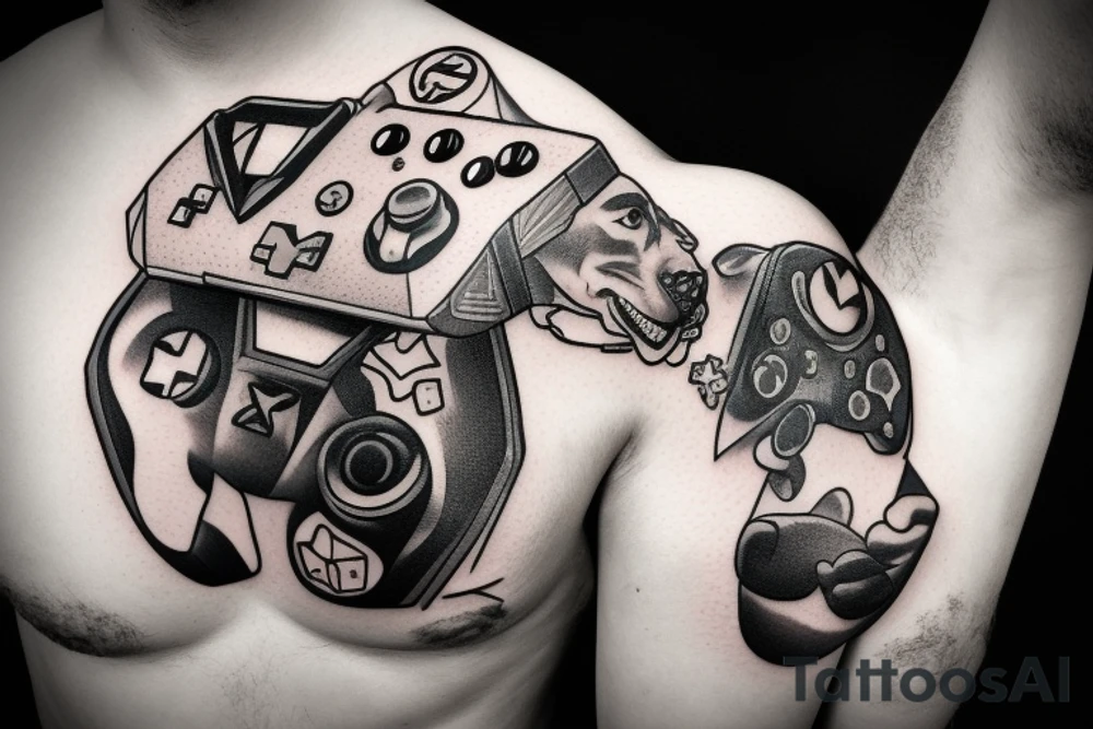 A pitbull carrying an xbox controller in its mouth tattoo idea