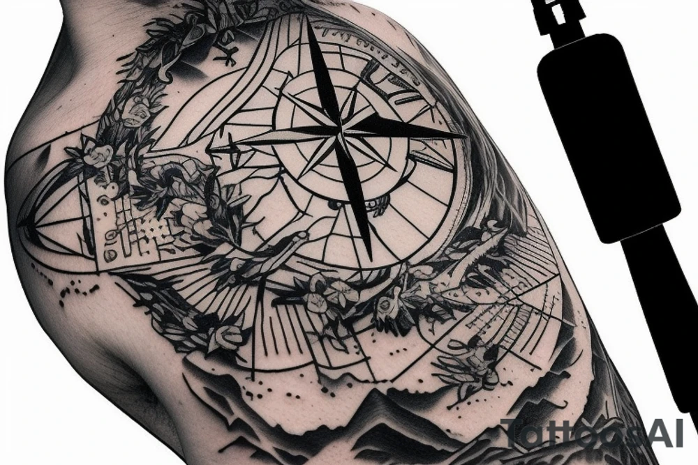 a compass describing love for hiking, mountains but also shows pain and hardship of the time tattoo idea