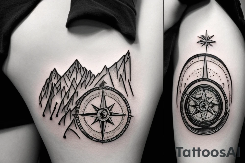 a compass describing love for hiking, mountains but also shows pain and hardship of the time tattoo idea