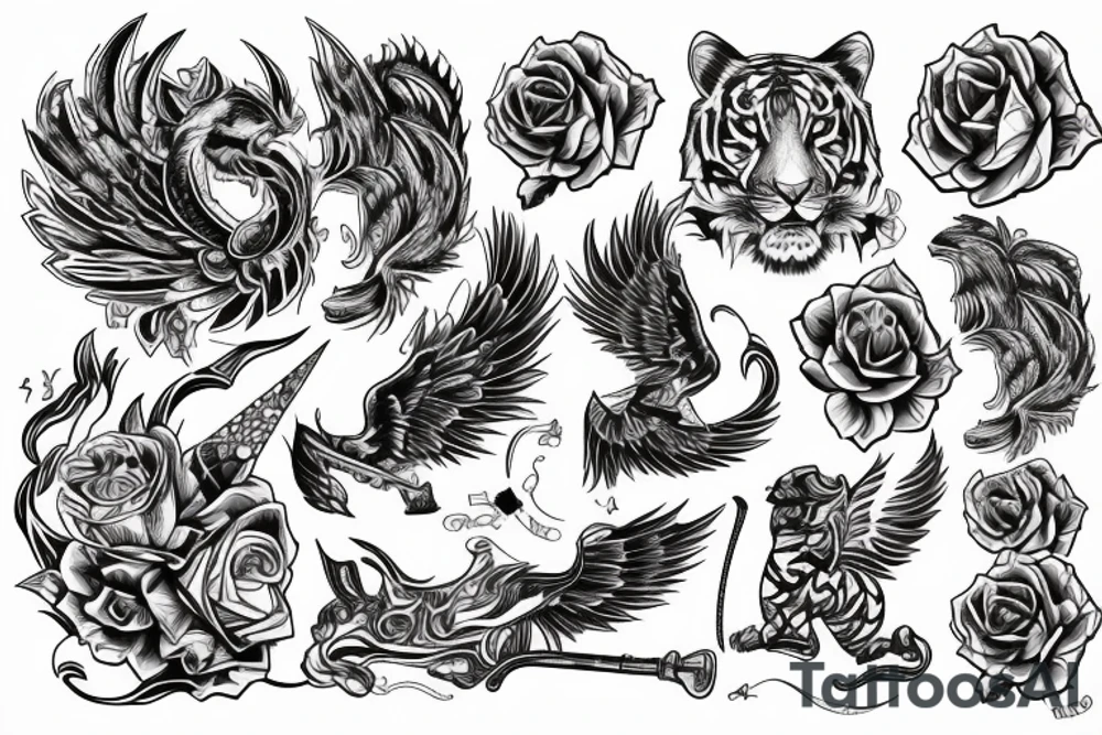 Geometric tattoo of phoenix with tiger, ace of spades, roses and guitar tattoo idea