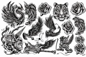 Geometric tattoo of phoenix with tiger, ace of spades, roses and guitar tattoo idea