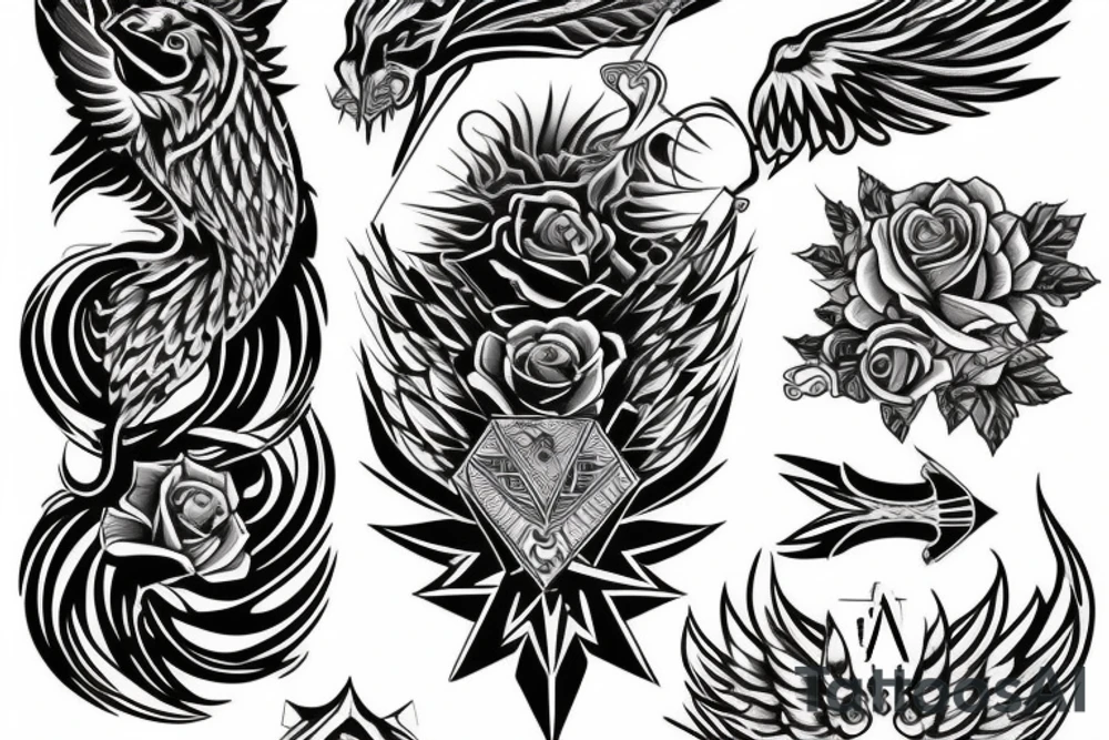 Geometric tattoo of phoenix with tiger, ace of spades, roses and guitar tattoo idea
