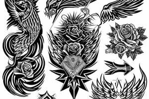 Geometric tattoo of phoenix with tiger, ace of spades, roses and guitar tattoo idea