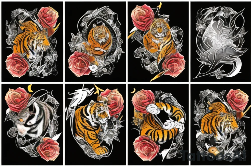 phoenix with tiger, ace of spades, roses and guitar tattoo idea