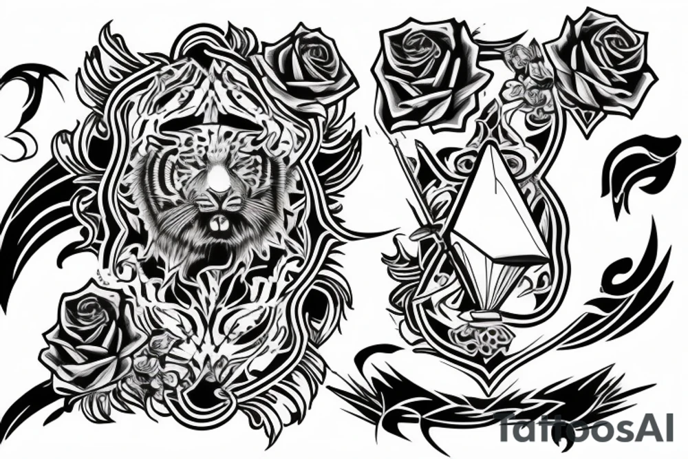 phoenix with tiger, ace of spades, roses and guitar tattoo idea