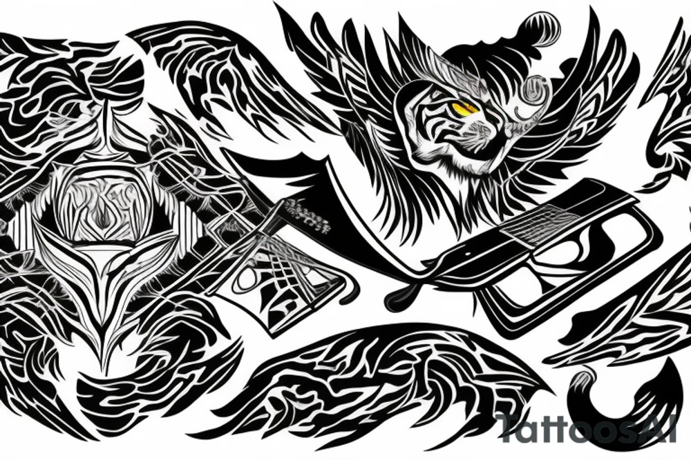 phoenix with tiger, ace of spades, and guitar tattoo idea