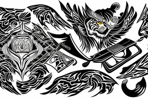 phoenix with tiger, ace of spades, and guitar tattoo idea