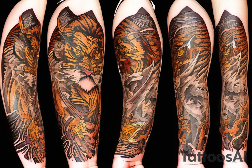 phoenix with tiger, ace of spades, and guitar tattoo idea