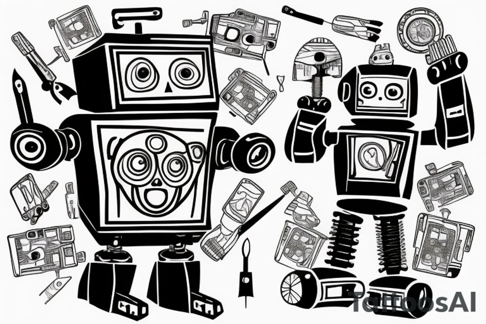 Broken robot repairing itself using a tool tattoo idea