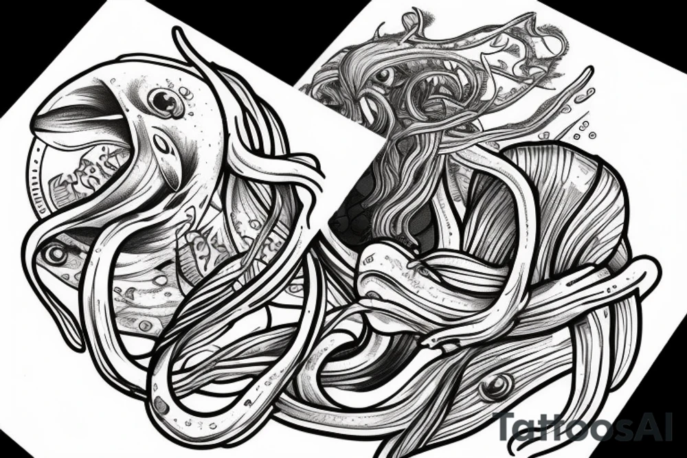 a person being pulled underwater by a giant squid tattoo idea