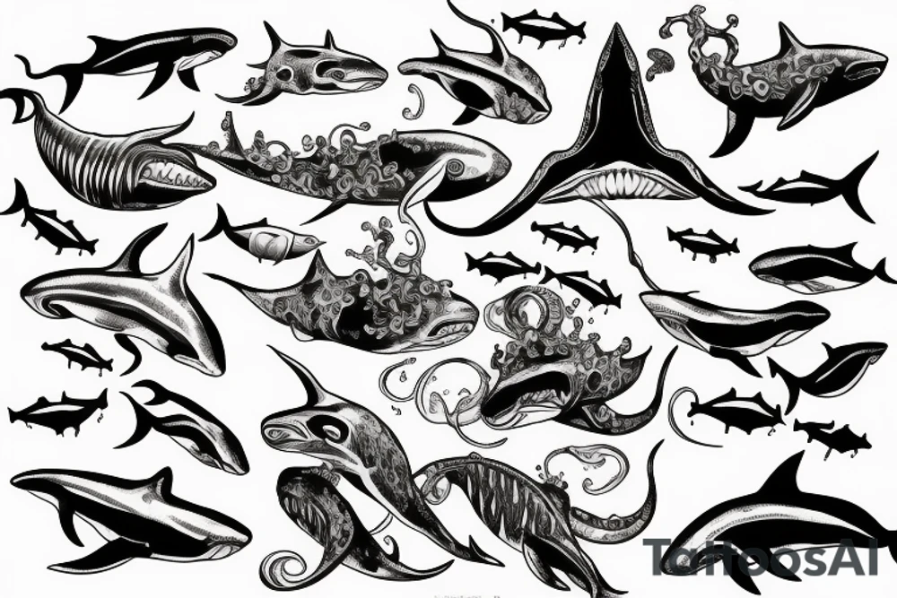 a person drowning underwater surrounded by sharks and a giant squid tattoo idea