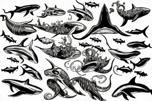 a person drowning underwater surrounded by sharks and a giant squid tattoo idea