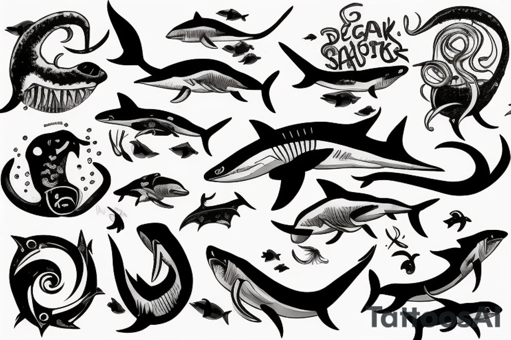 a person drowning underwater surrounded by sharks and a giant squid tattoo idea