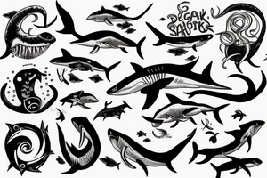 a person drowning underwater surrounded by sharks and a giant squid tattoo idea