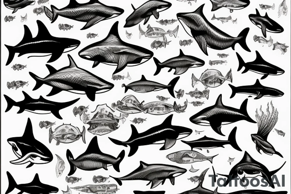 a person drowning underwater surrounded by sharks tattoo idea