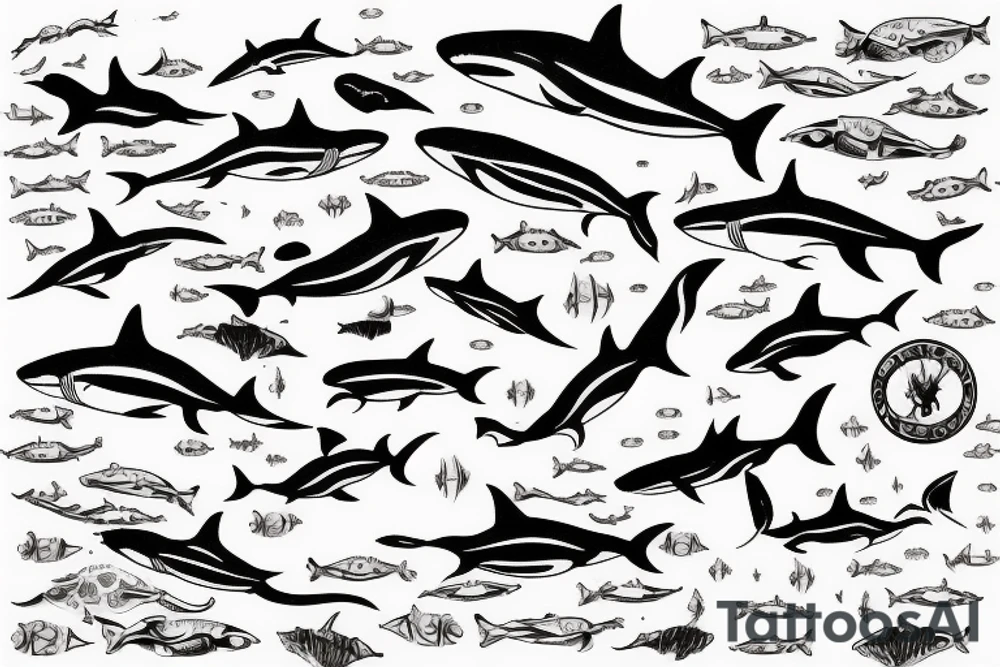 a person drowning underwater surrounded by sharks tattoo idea