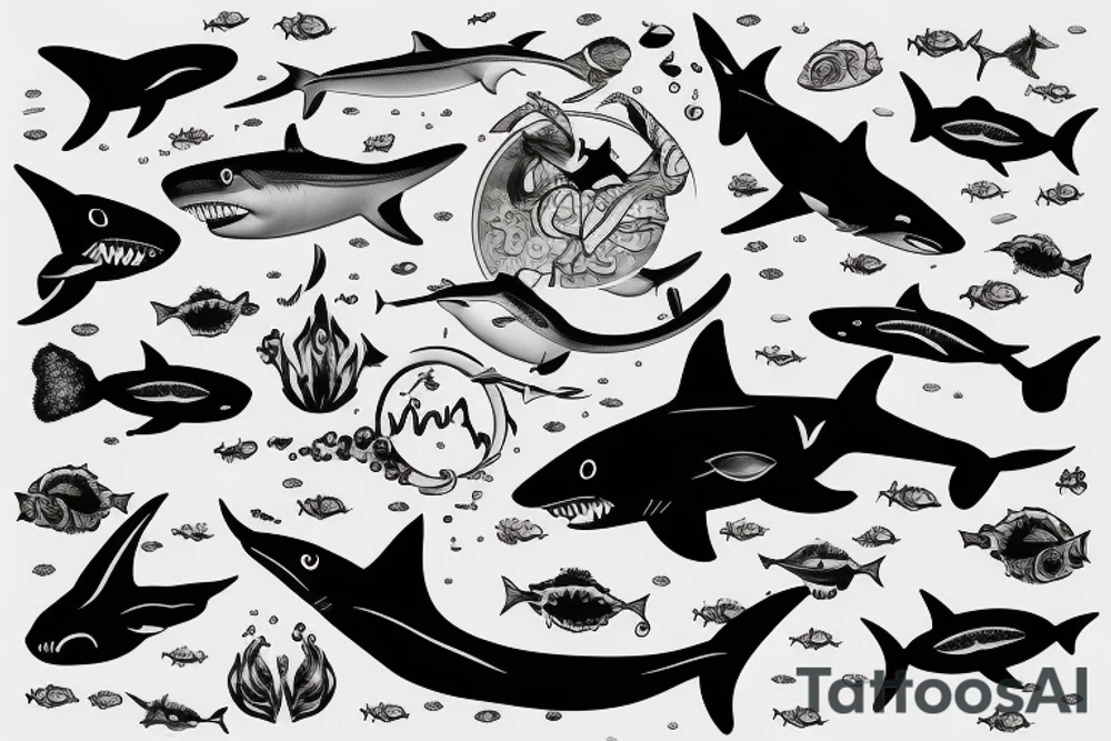 a person drowning underwater with a shark circling around them tattoo idea