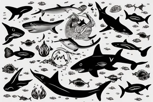 a person drowning underwater with a shark circling around them tattoo idea