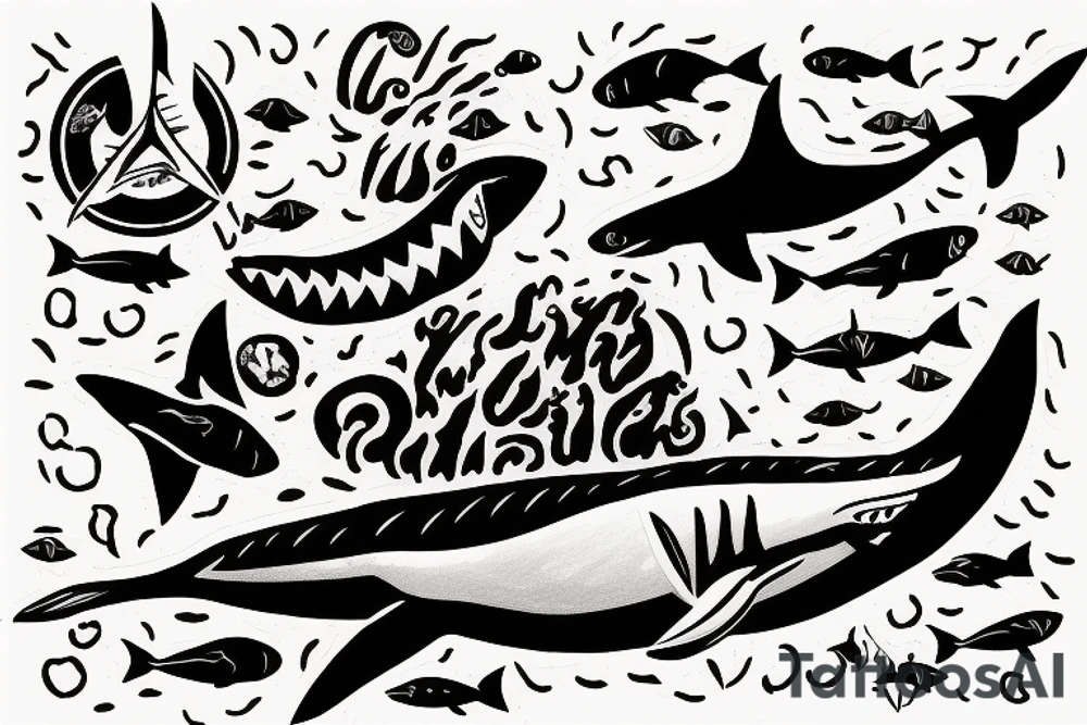 a person drowning underwater with a shark circling around them tattoo idea