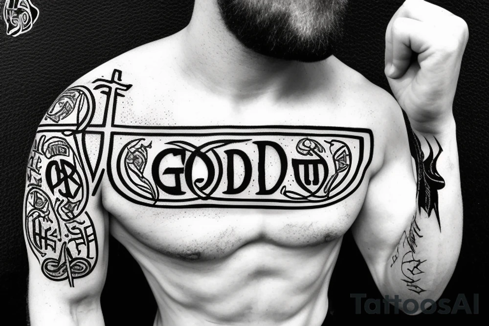 IN GOD WE TRUST in nordic runes as a bicep wrap tattoo idea