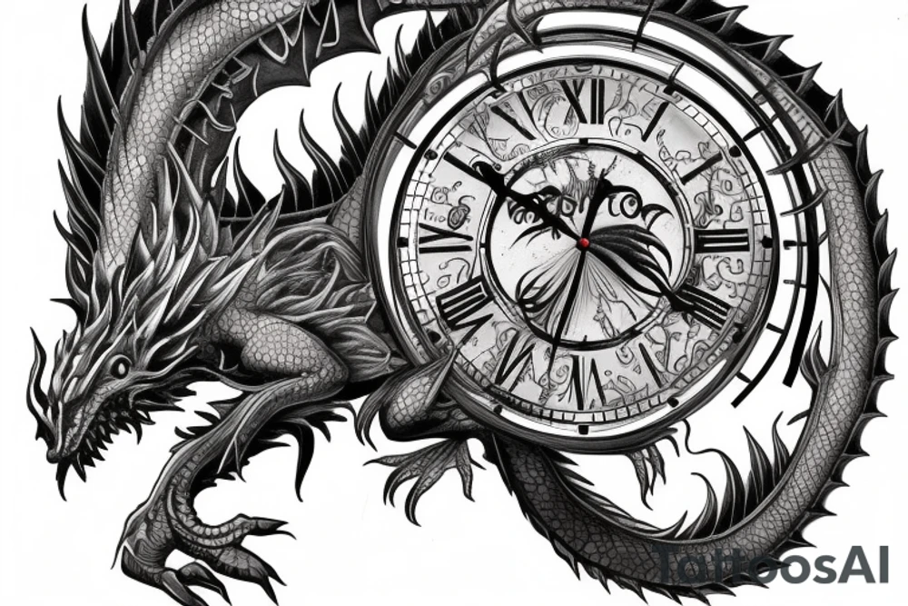 clock dragon with times and dates tattoo idea