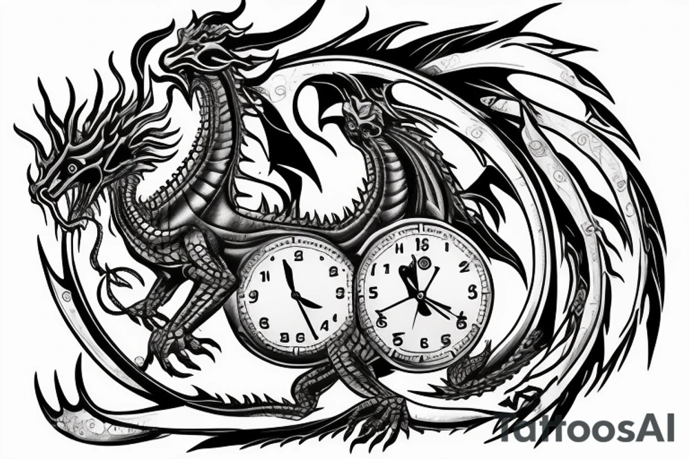clock dragon with times and dates tattoo idea