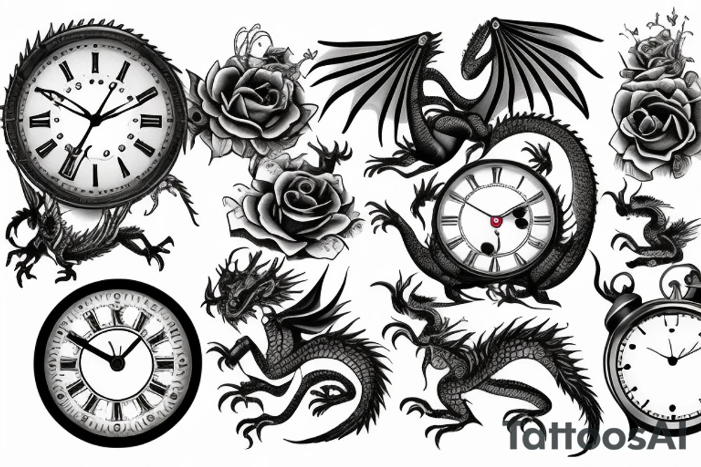 clock and dragons and roses
with times and dates tattoo idea