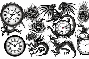 clock and dragons and roses
 with times and dates tattoo idea