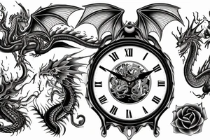clock and dragons and roses
 with times and dates tattoo idea