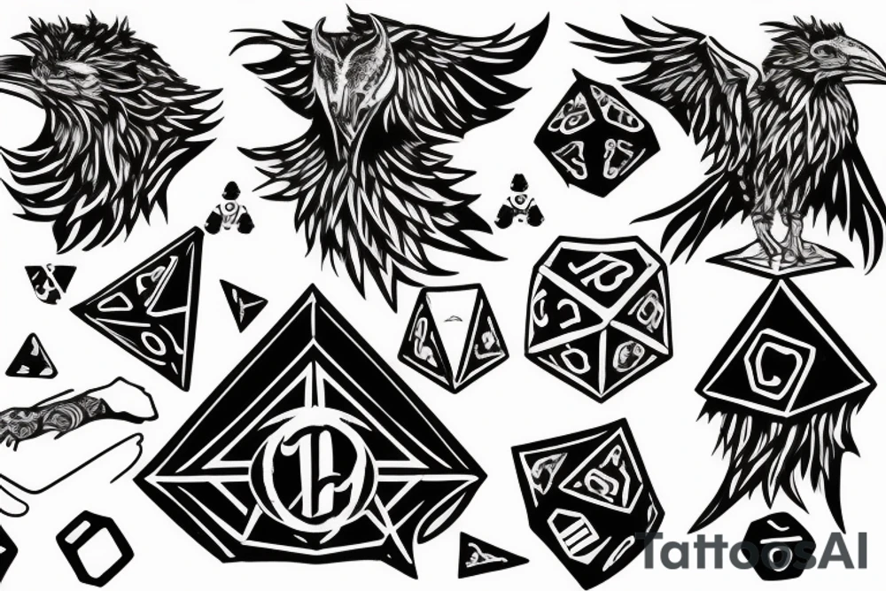 Fantasy prince of ravens with dice around head tattoo idea