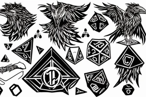 Fantasy prince of ravens with dice around head tattoo idea