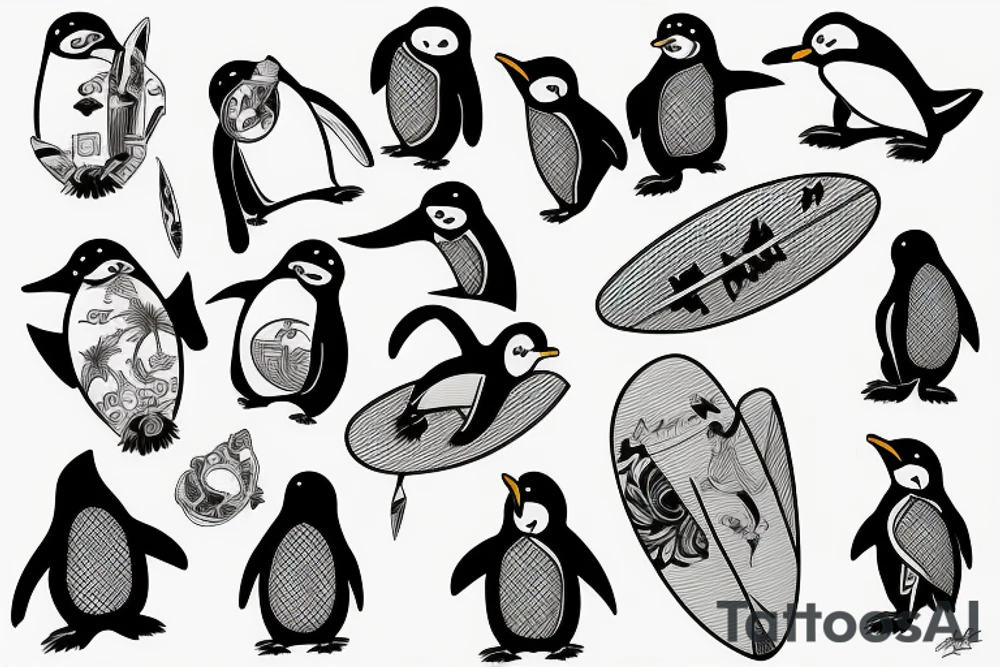 penguin holding surfboard tattoo idea