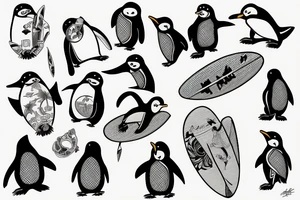 penguin holding surfboard tattoo idea