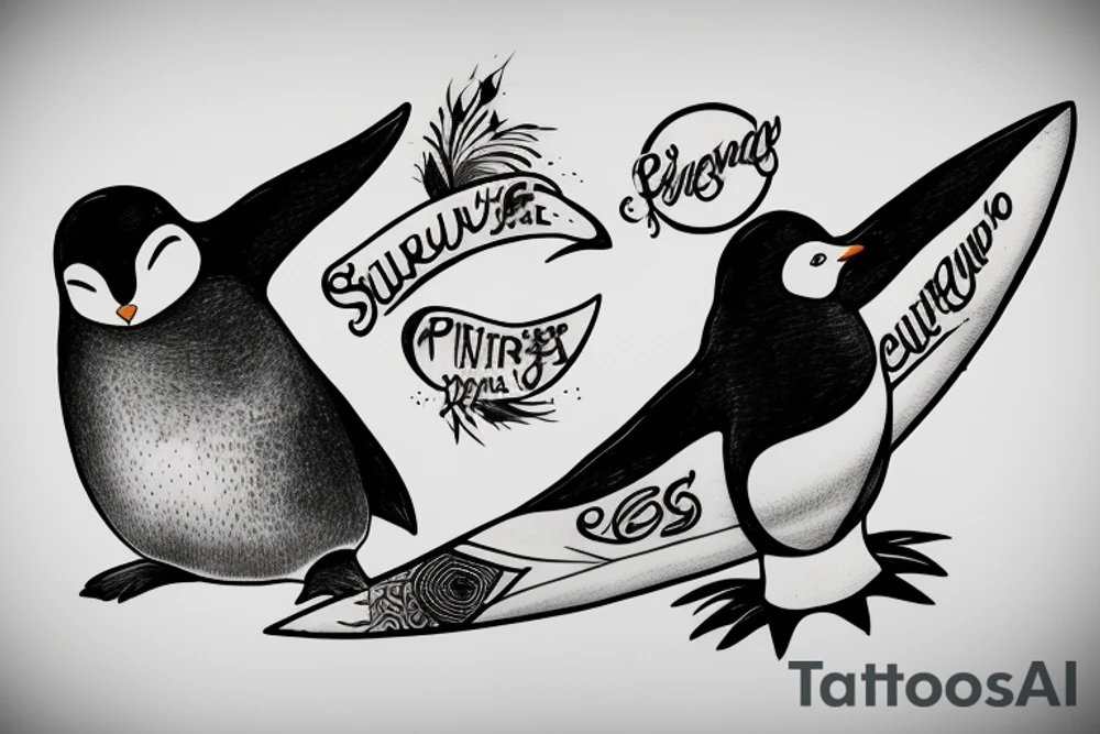 penguin holding surfboard tattoo idea