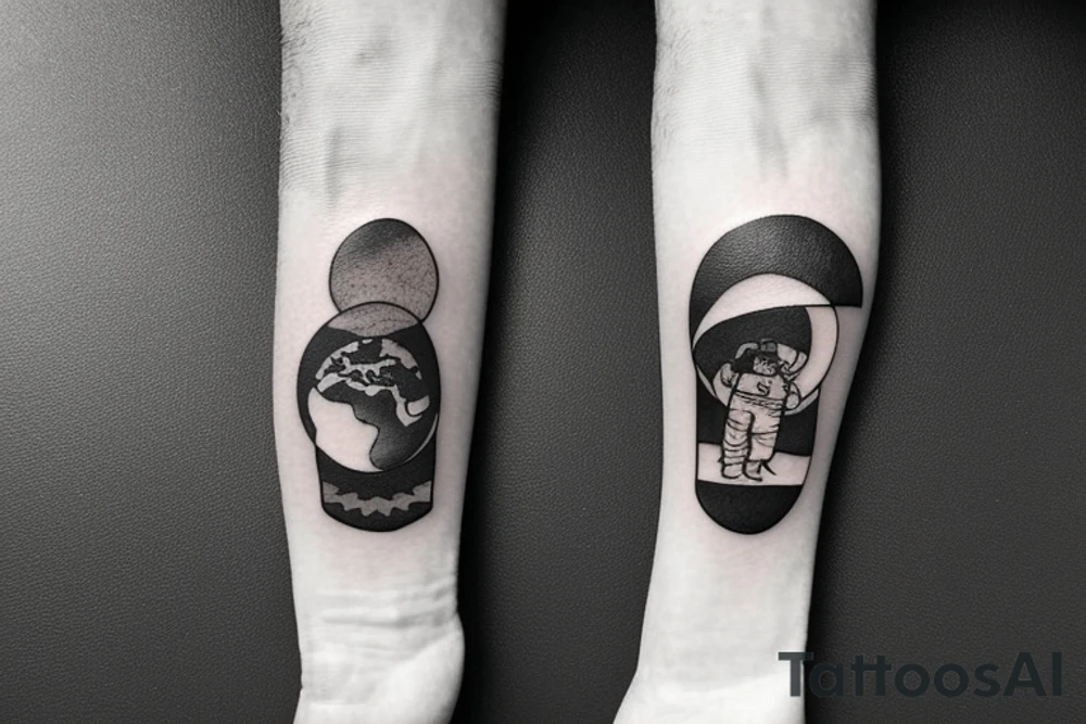A tattoo in memory of my friend who passed away.
 Theme: Man sitting on a ledge in space and looking down at the earth with a joint in his hand tattoo idea