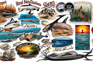 Sea, rough, sailing, boating, calm, sunset, cypress, bayou,  Aligator, marlin, fishing real, rifle, deer, grilled BBQ, fire, friend's, and family tattoo idea