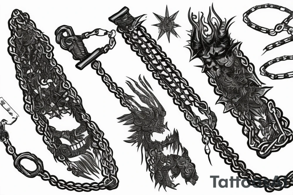 Flaming katana wrapped in chains tattoo idea