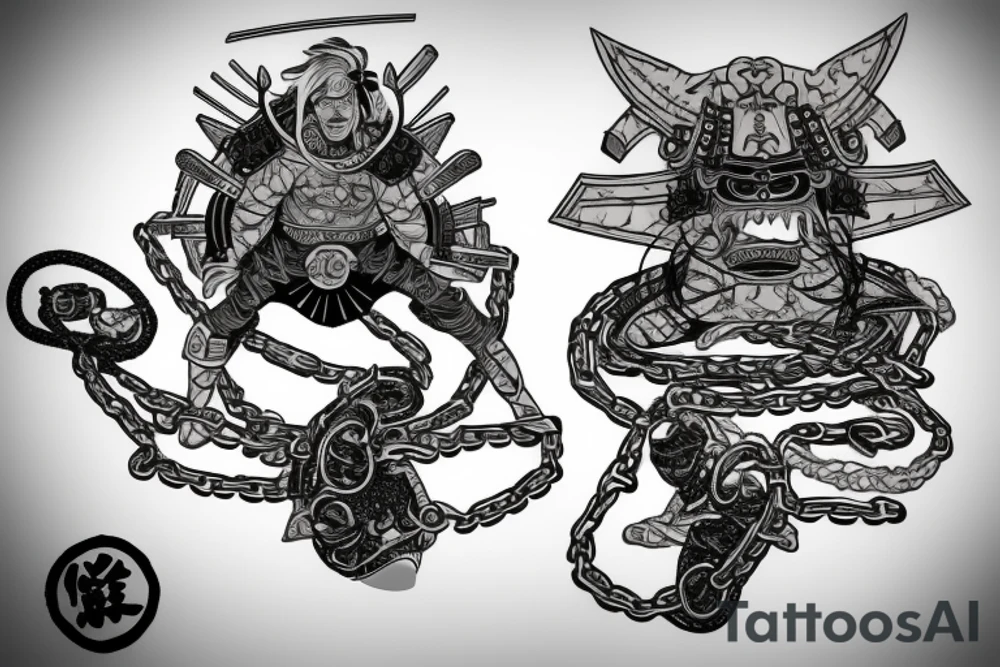 Flaming samurai in chains tattoo idea