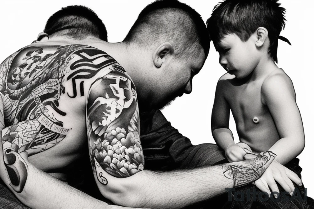 dad and son sitting on dock watching sunset tattoo idea
