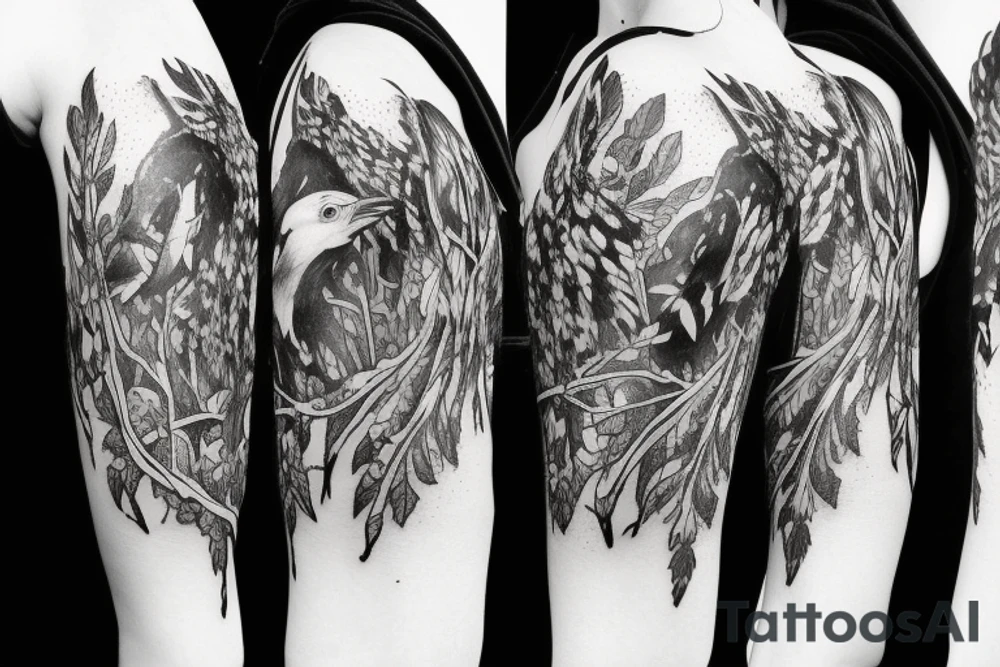 A black and white crow, madusa, and a deer in a forest with birds flying over. tattoo idea